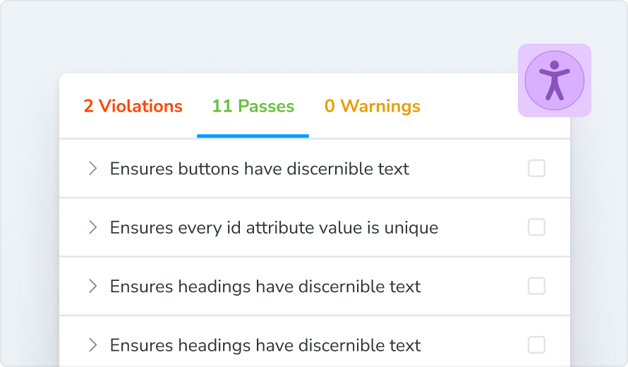 Screenshot of accessibility tests passing and failing