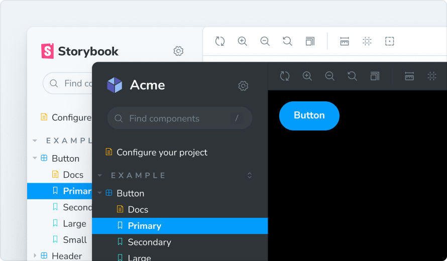 Screenshot of Storybook in light and dark mode